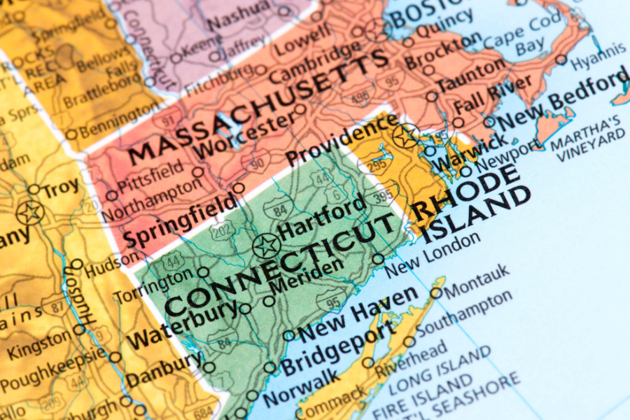 Map of Connecticut and surrounding states.