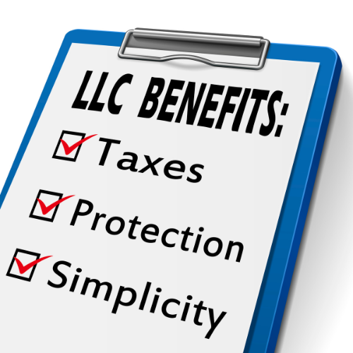LLC benefits include taxes, protection, and simplicity infographic