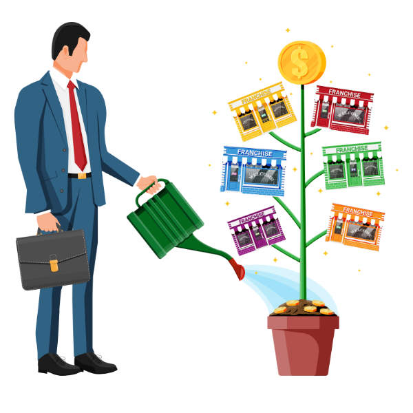 image of entrepreneur watering a money tree to illustrate franchising